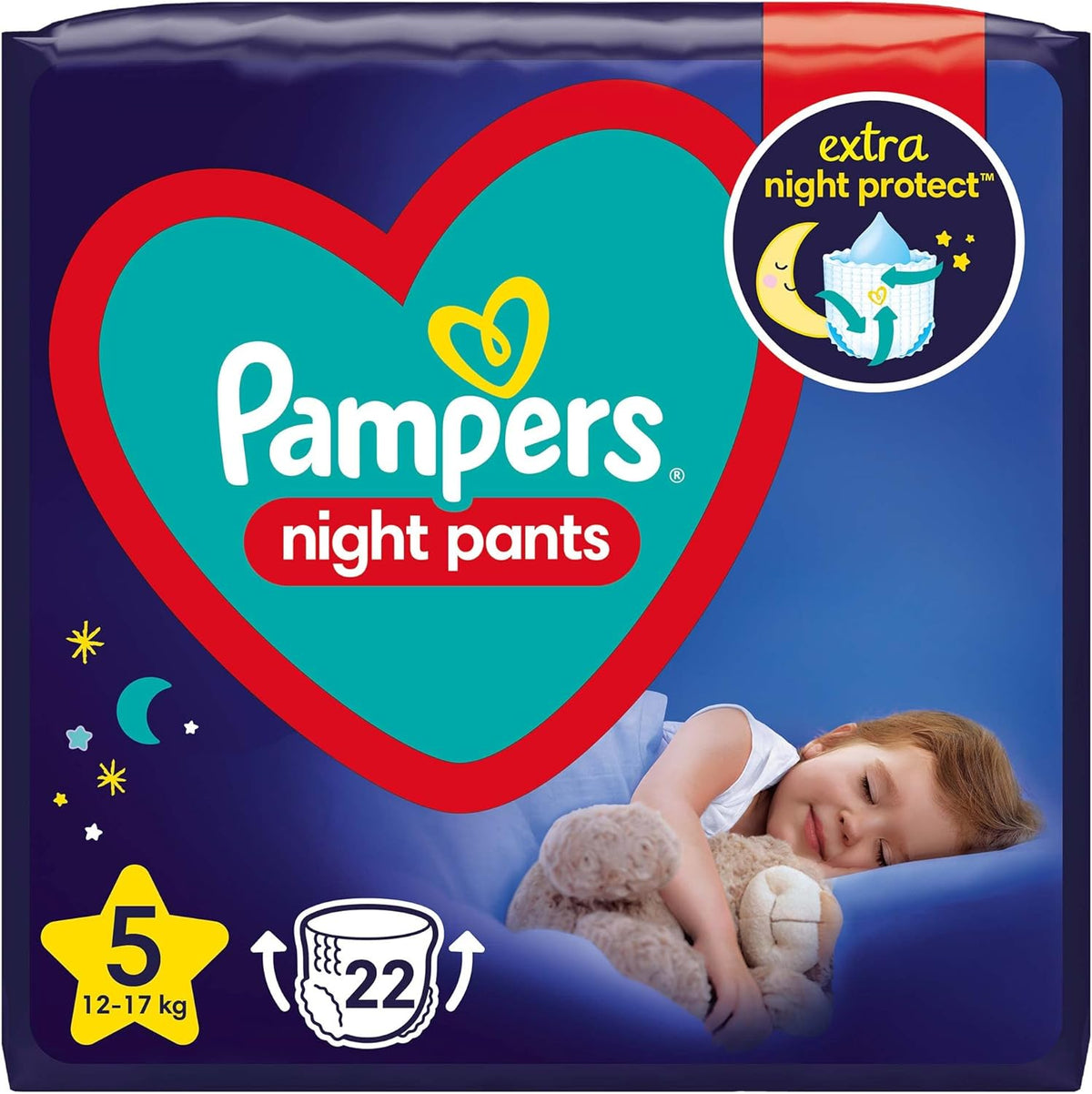 Pampers bleer (gammel version), natbukser, str. 5, 22 stk., 12 kg-17 kg