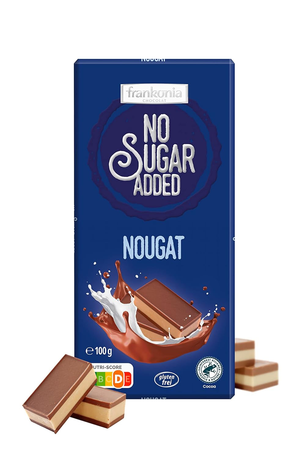 Chokolade med nougat, uden tilsat sukker, glutenfri, 100g og chokolade med hasselnødder, uden tilsat sukker, glutenfri, 85g