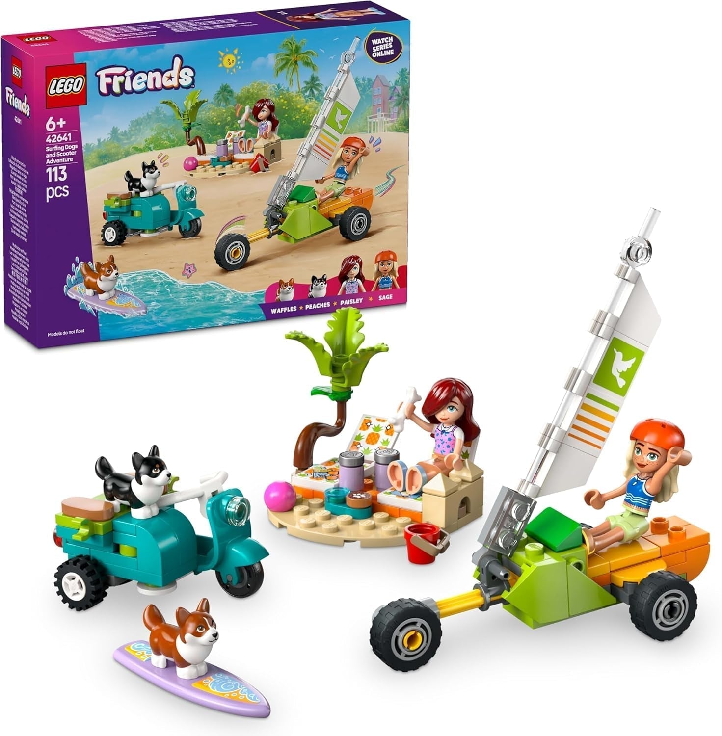 LEGO Friends strandeventyr med hunde, byggelegetøj til piger på 6 år, dyrelegesæt med 2 minifigurer og 2 corgifigurer, gave til kreative børn, eventyrbyggesæt med surfbræt 42641 byggesæt Besuche den LEGO-Store standardtitel