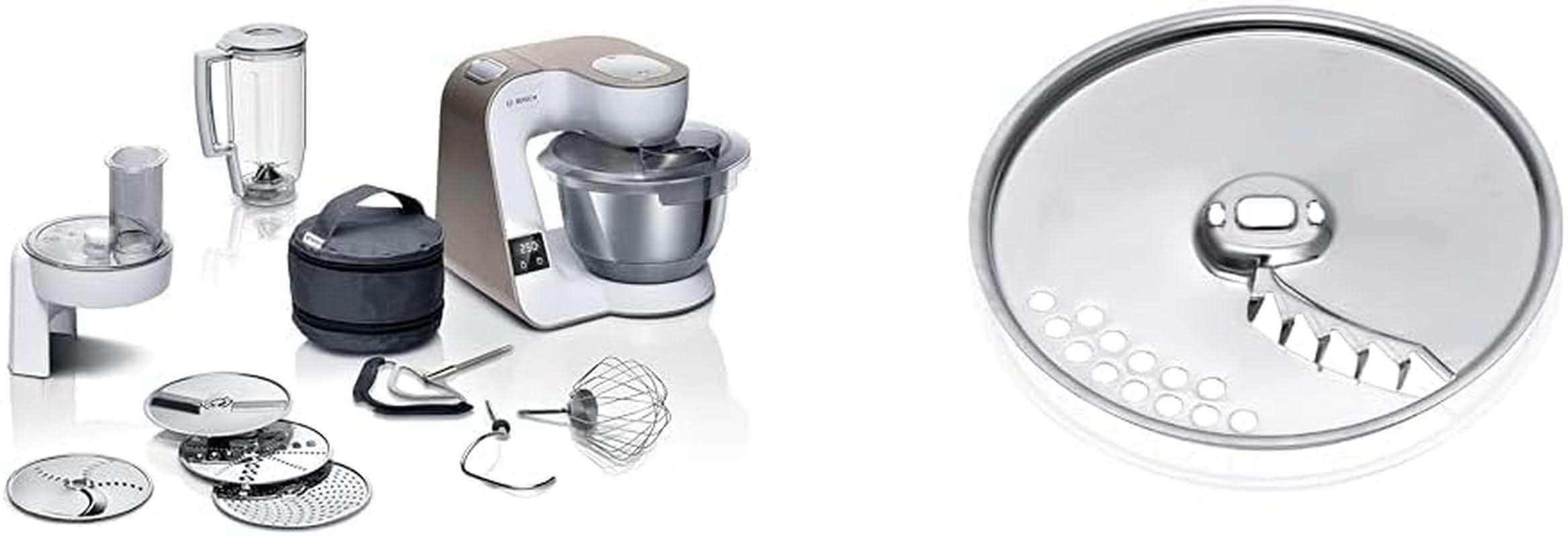 Bosch Series 4 MUM5X720 foodprocessor, integreret vægt, skål i rustfrit stål 3,9L, mixer 1,25L, 1000W Tilbehør Mad og amning Bebe Naty Shop Disc-pakke Champagne White 2 tilbehør