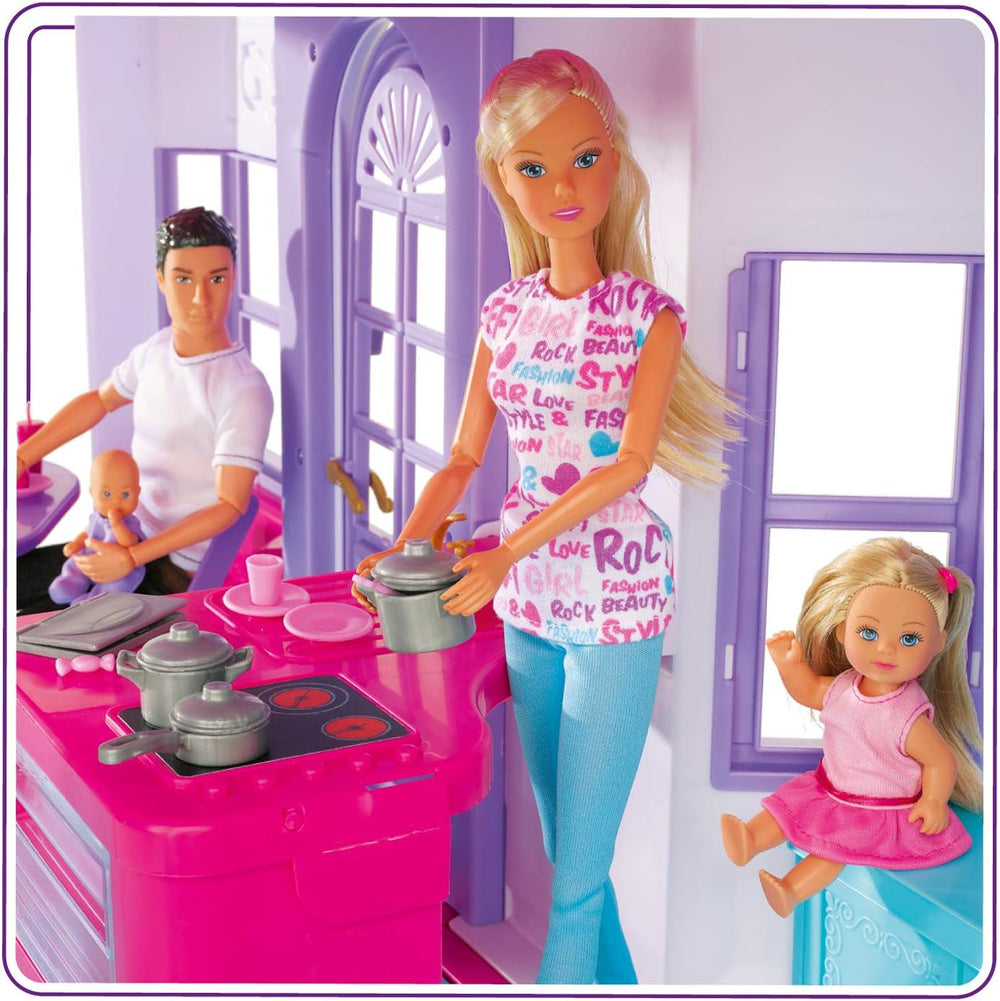 Simba 104661996 - Steffi Love Dreamhouse, Stort Legehus, 4 Værelser, INGEN DUKKERE, 84 cm høj, To Etager, Funktionel Klokke, Sammenklappelige Naty Shop Dukkehuse