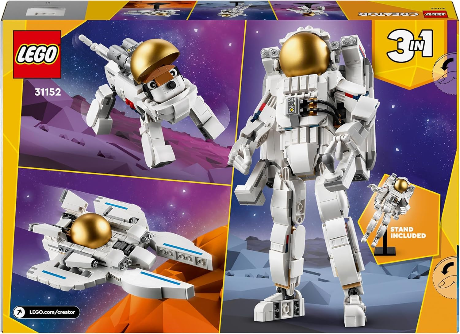 LEGO Creator 3In1 Space Astronaut Legetøj, hunde- og rumskibsmodelsæt til børn, børnehavepynt, kreativ gave til drenge og piger 9 år 31152 Byggesæt Besuche den LEGO-Store