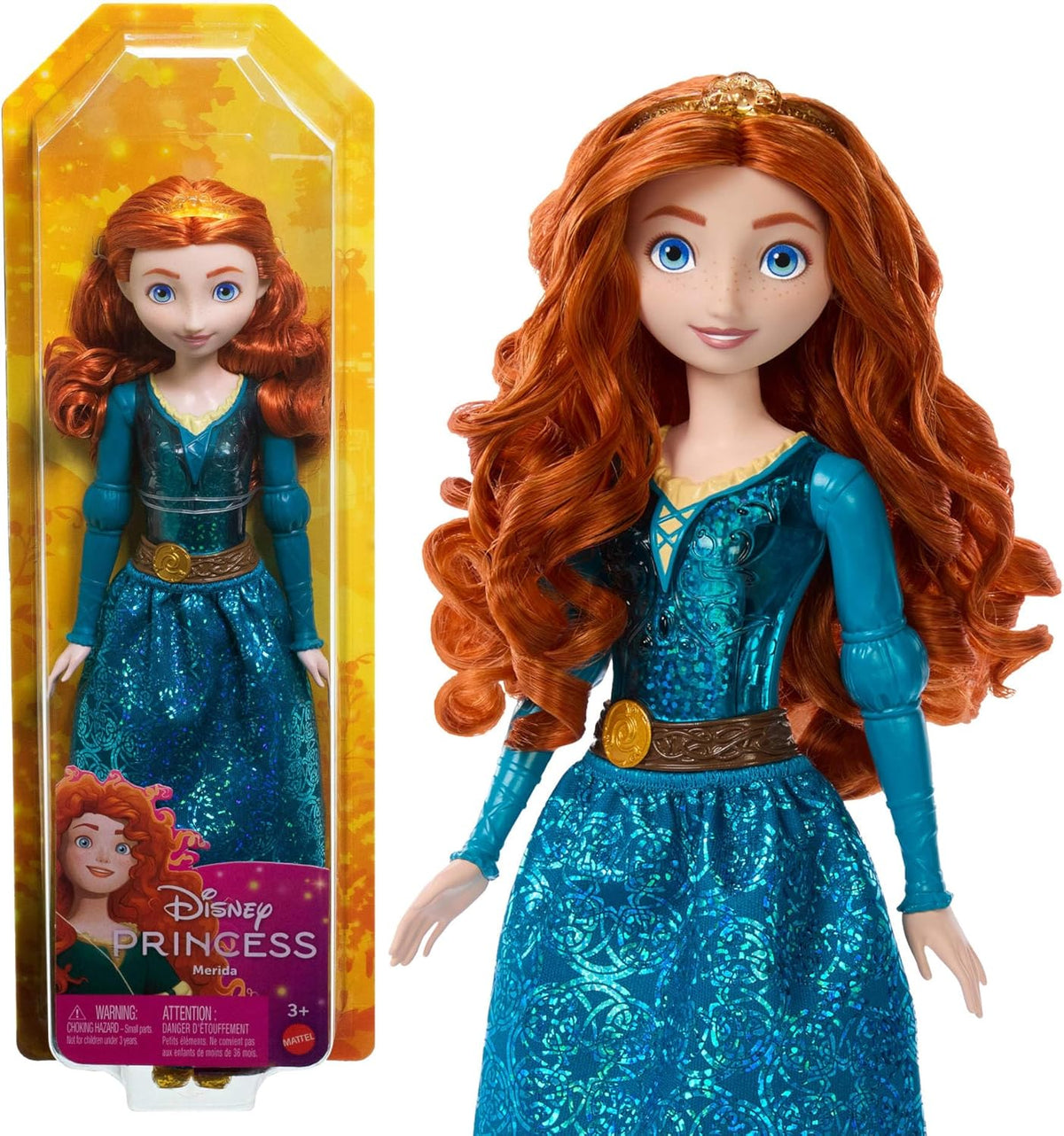 Jucărie Mattel Disney Princess, păpușă artizanală Merida cu haine și accesorii strălucitoare, inspirată de filmul Disney și Pixar, cadou pentru copii, HLW13