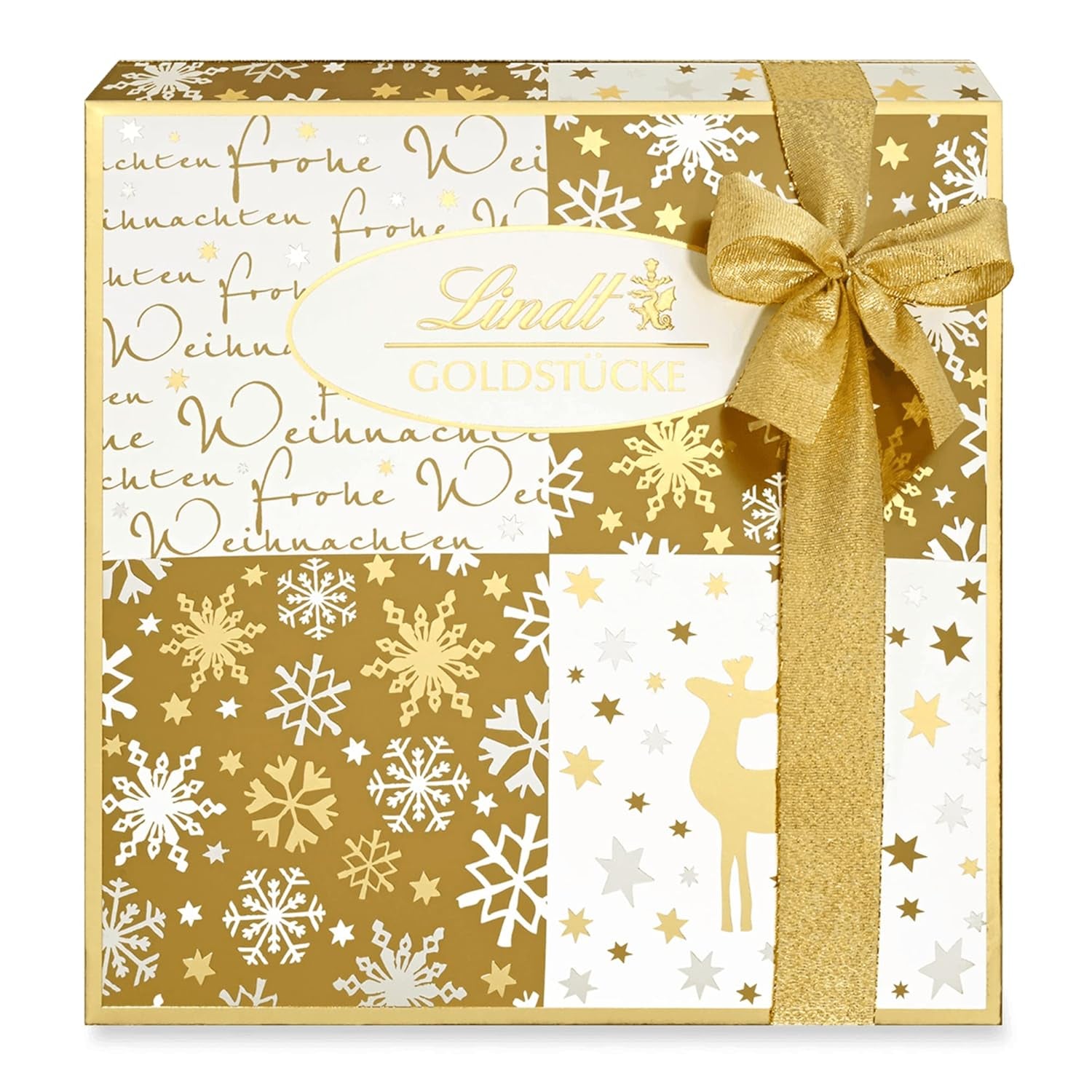 Lindt Chokolade | Æske med guldstykker praliner | 180g | 18 praliner i 10 sortimenter som fint sortiment af praliner, nogle med alkohol | Premium gaveæske med julepraliner