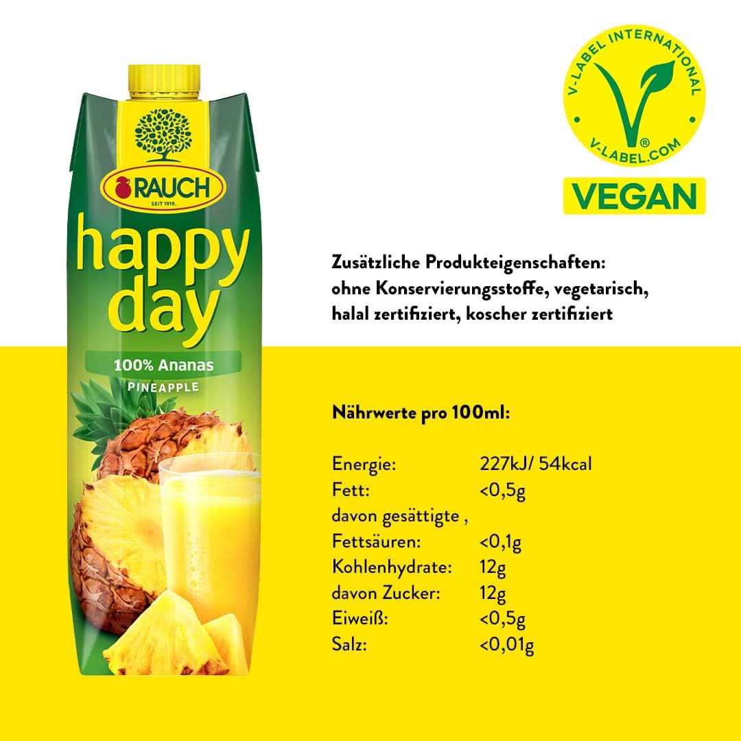Rauch Happy Day Ananas | Eksplosion af tropiske smage | Fremstillet af 100% koncentreret ananasjuice | 6 x 1 liter, Tetra Prisma Alkoholfri drikkevarer Naty Shop