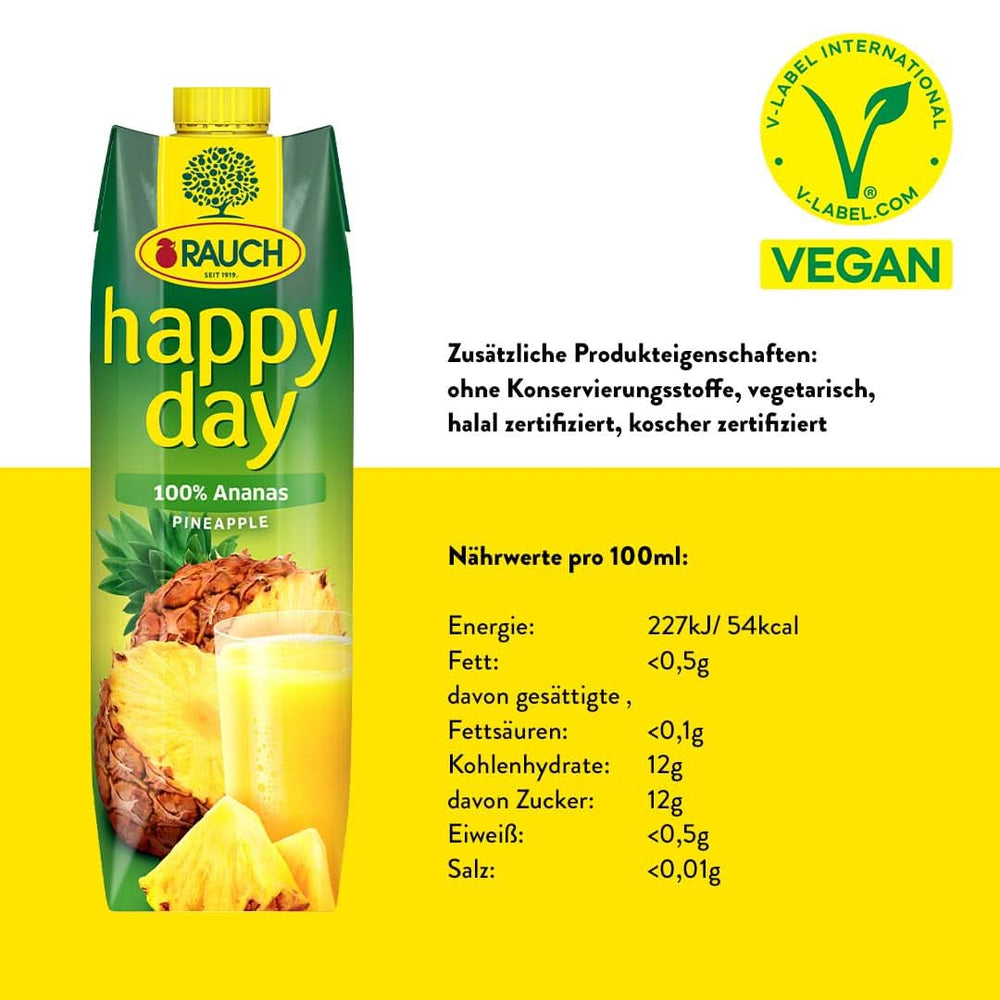 Rauch Happy Day Ananas | Eksplosion af tropiske smage | Fremstillet af 100% koncentreret ananasjuice | 6 x 1 liter, Tetra Prisma Alkoholfri drikkevarer Naty Shop