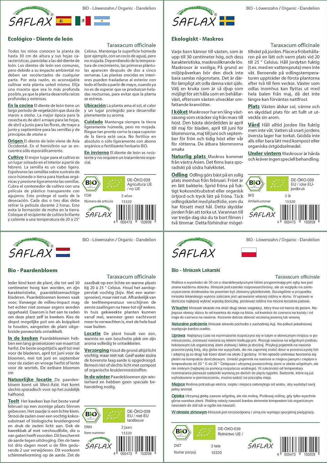 SAFLAX - BIO - Mælkebøtte - 400 frø - Taraxacum officinale