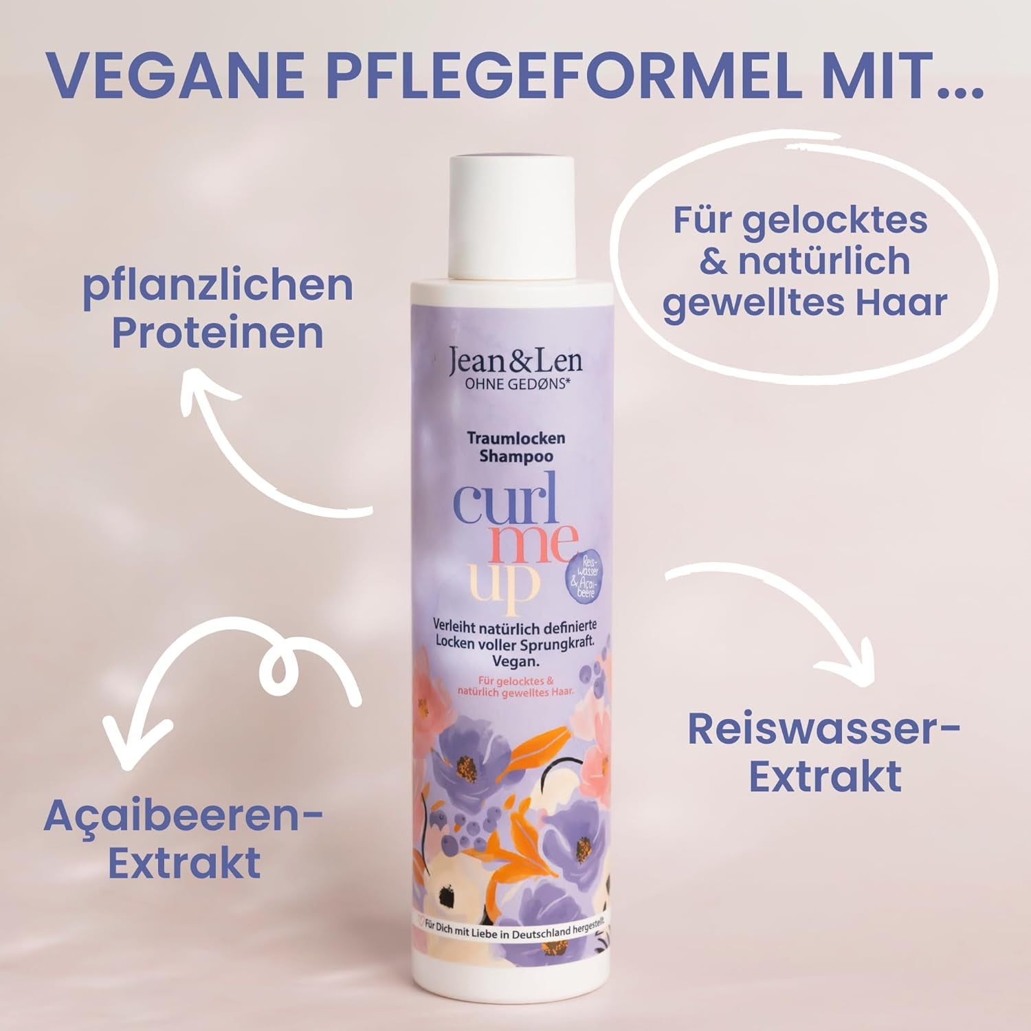Jean & Len Dream Curls Shampoo Rice Water & Açai Berry, pentru păr creț și ondulat, 300 ml Jean & Len