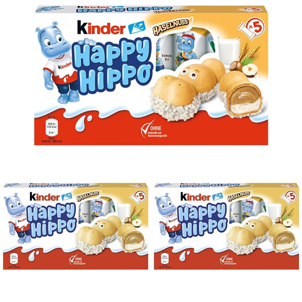 Kinder Happy Hippo Hasselnut - Specialitetssprøde vafler med mælk og hasselnøddecreme - Karneval og fastelavnsslik - 1 pakke indeholdende 5 individuelle stænger á 20,7 g hver
