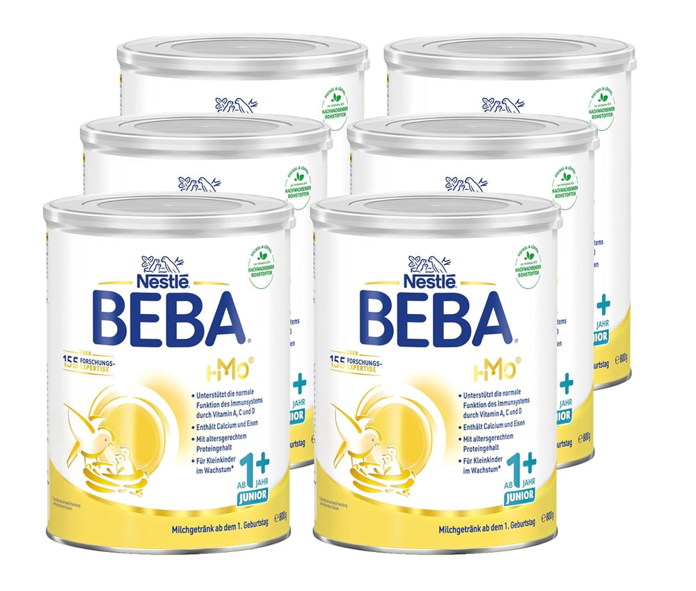 BEBA Junior 1+ mælkedrik fra 1 år, med HMO, alderssvarende proteinindhold, kun laktose, ingen palmeolie, ingen fiskeolie, småbørnsmad, babymælkpulver, pakke med 6 (6 x 800 g)