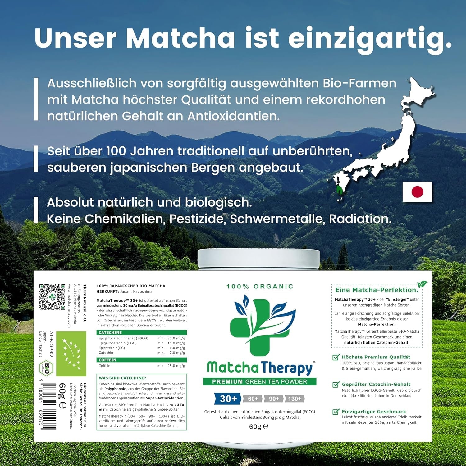 Matchatherapy 30+ | Ceai Matcha organic pudră | 60 g | Cu un conținut verificat de cel puțin 30 mg/g de catechină EGCG | Susține sistemul imunitar și nivelul de energie | Calitate ceremonială | Ceai verde din Japonia