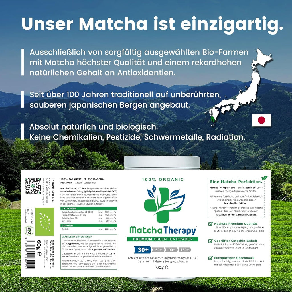 Matchatherapy 30+ | Ceai Matcha organic pudră | 60 g | Cu un conținut verificat de cel puțin 30 mg/g de catechină EGCG | Susține sistemul imunitar și nivelul de energie | Calitate ceremonială | Ceai verde din Japonia
