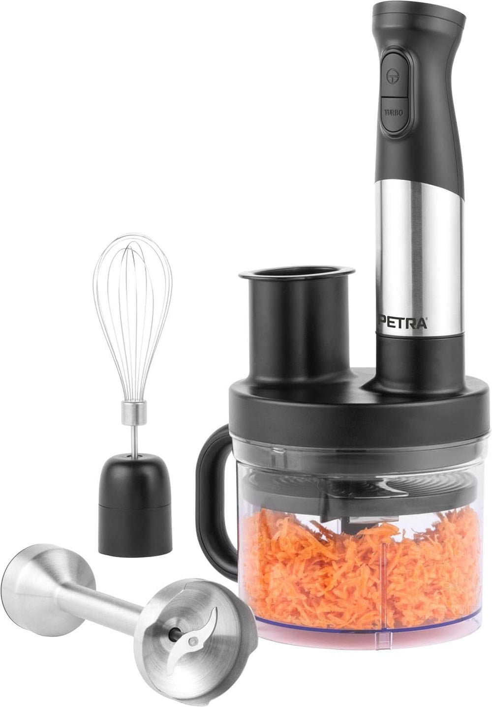 Petra PT2827BMBLKVDE 3-i-1 mixer – Bpa-fri tilbehør, 500Ml-Schüssel, 700Ml-Becher, Schneebesen, Mixen, Zerkleinern, 2 Geschwindigkeiten, Edelstahlklingen, Für Babynahrung, Smoothies 350W, Saucenty, Smoothies og Saucenty 5-i-1-Stabmixer