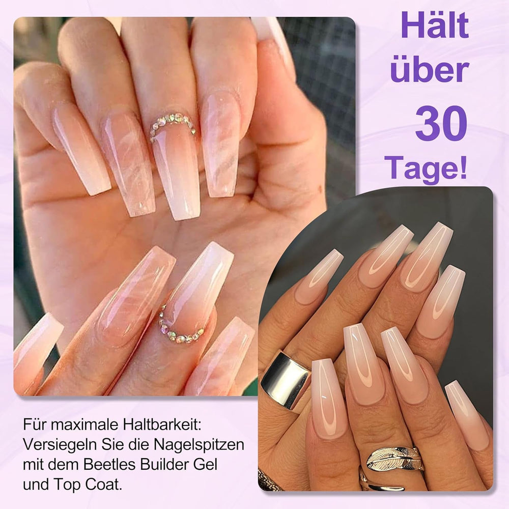 Set 420 de unghii false - Unghii tip balerina cu gel moale, acoperire completă, unghii artificiale cu gradient alb nud pentru lipire, unghii false pentru arta unghiilor (Ballerina White Nude)