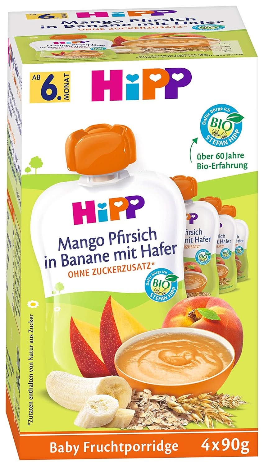 Hipp-presseposer til babyer, frugtgrød, ferskenmango i banan med havre, 100 % økologisk frugt uden tilsat sukker, 4 x 4 poser med 90 g Mother and Child Naty Shop 16 x 90 gram Frugtgrød mangofersken i moset banan med havre