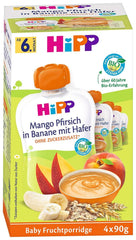 Hipp-presseposer til babyer, frugtgrød, ferskenmango i banan med havre, 100 % økologisk frugt uden tilsat sukker, 4 x 4 poser med 90 g Mother and Child Naty Shop 16 x 90 gram Frugtgrød mangofersken i moset banan med havre