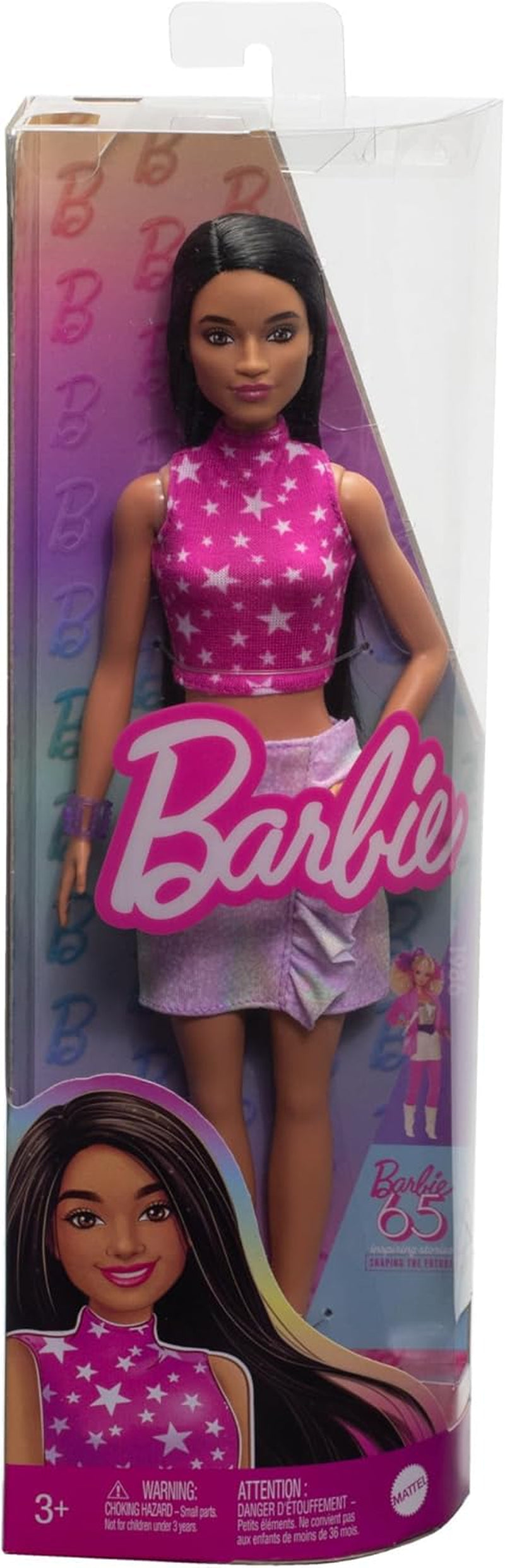 Păpușa Barbie Fashionistas nr. 215 cu păr negru drept, top roz cu model în formă de stea și fustă iridescentă, păpușă de modă de colecționat cu ocazia celei de-a 65-a aniversări, HRH13 Papusi Naty Shop