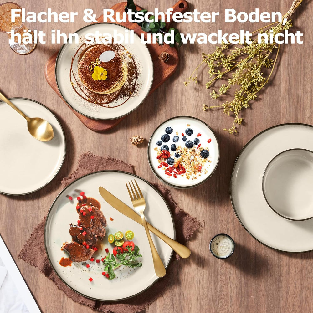 Set de veselă pentru 6 persoane, serviciu de cină din gresie cu 18 piese, set combinat, 6 farfurii de cină, 6 farfurii de desert, 6 boluri pentru cereale, antizgârieturi și potrivit pentru cuptorul cu microunde - Karst Khaki