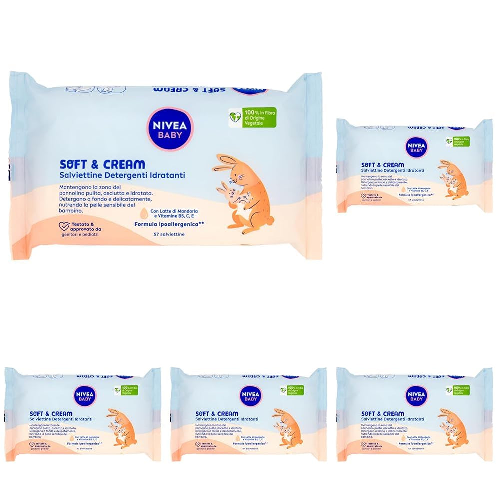 NIVEA Baby Moisturizing Cleansing Wipes Soft & Cream, 57 stykker, til ren, tør og fugtet hud, babyservietter med mandelmælk og vitamin B5, C og E
