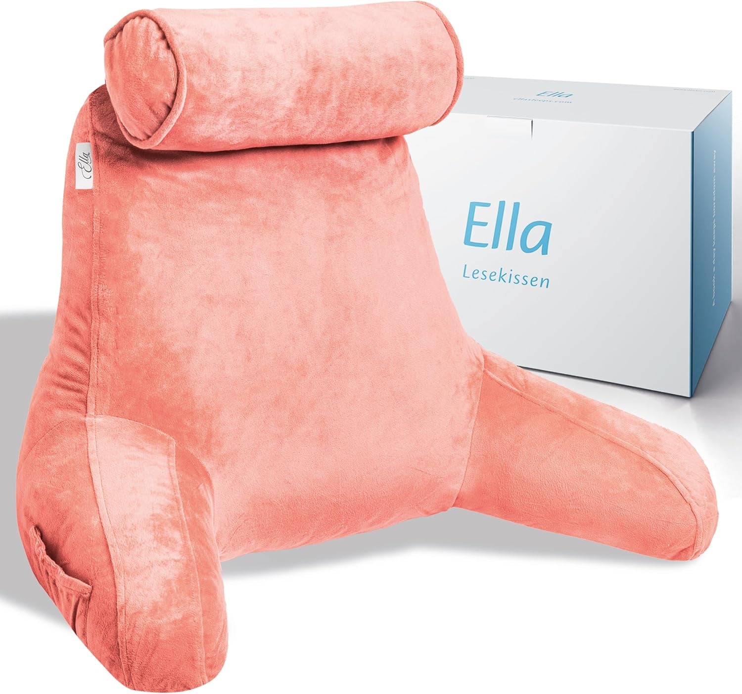 Pernă de citit Ella pentru pat și canapea cu rolă detașabilă pentru gât - Pernă pentru spate pentru pat - Pernă de citit din spumă cu memorie cu cotiere, ideală pentru citit, vizionat la televizor, relaxare sau ca suport pentru spate - Gri