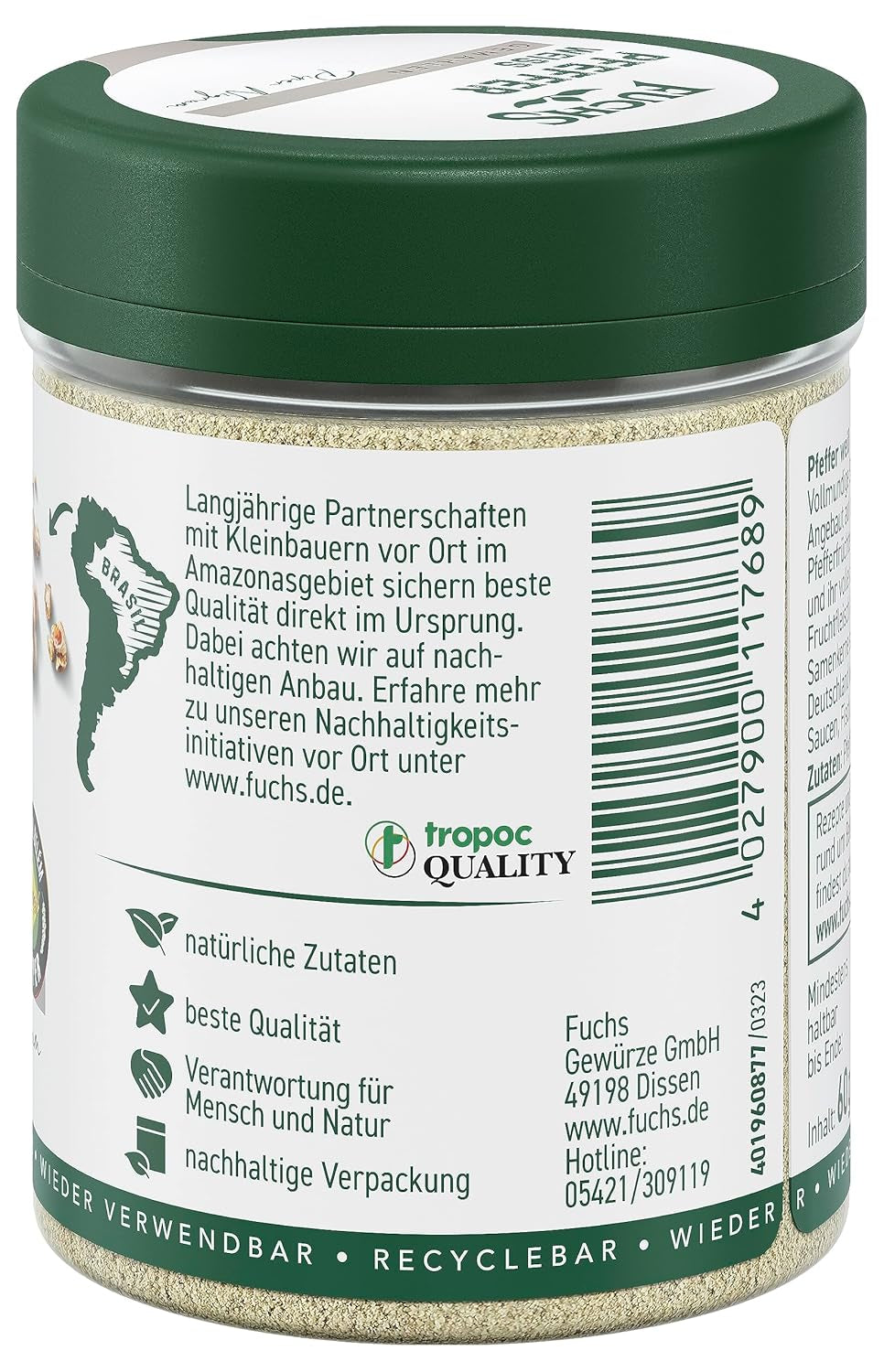 Fuchs Gewürze - Pfeffer weiß gemahlen - Pfeffer aus dem Amazonasgebiet, für helle Saucen, Fisch eller Suppen - naturlige ingredienser - 60 g i wiederverwendbarer, genbrugsbarer Dosis