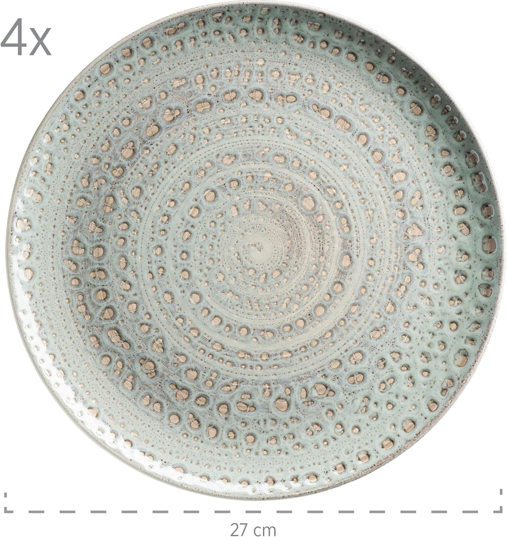 MÄSER 931744 Seria Spicy Market, Set de veselă pictat manual pentru 4 persoane în design vintage mediteranean, Set combinat din ceramică cu 16 piese, Verde, Gresie