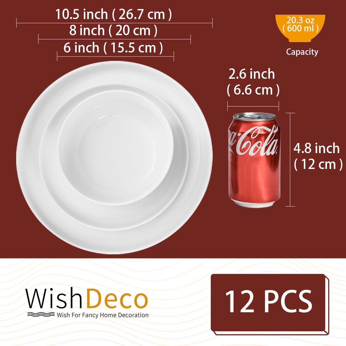 Set de veselă cu 12 piese, serviciu de masă din porțelan pentru 4 persoane, set de veselă albă cu farfurii, farfurii de desert și boluri pentru cereale