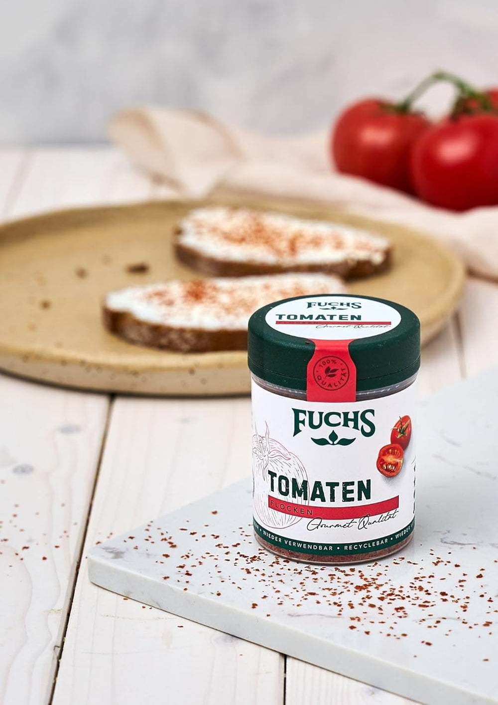 Fuchs Gewürze - Tomaten Flocken - Gewürz für Ofenfeta oder tomatigen Geschmack i sauce - naturlige ingredienser - 40 g i wiederverwendbarer, genbrugsbarer Dosis