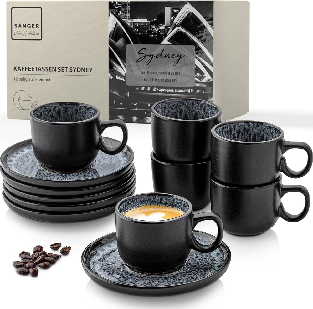 SÄNGER Sydney | Set de 12 căni de espresso din gresie, set de căni Mocha pentru 6 persoane, căni și farfurioare, potrivit pentru mașina de spălat vase și cuptorul cu microunde, gri închis, 80 ml | COLECȚIA VALUE