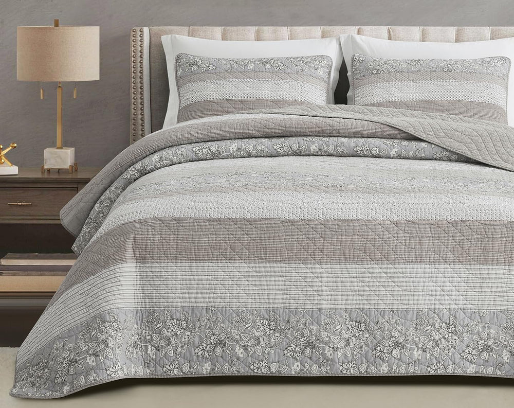 Chezmoi Collection Addy Patchwork Quilt Sæt Forvask Bomuld Letvægts Vendbar All Seasons Oversized 3 dele Navy White Grå Taupe Plaid Quilts & Quilts Naty Shop Hibiscus Patchwork Stripes Taupe Twin