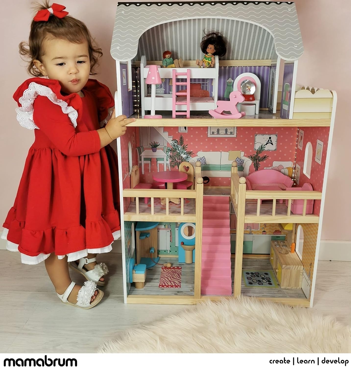 A405 LED-oplyst dukkehus - 3 etager og møbelsæt - Trælegehus inklusive tilbehør: Køkken, badeværelse, soveværelse - Gave til piger fra 3 år og opefter Dukkehuse Naty Shop