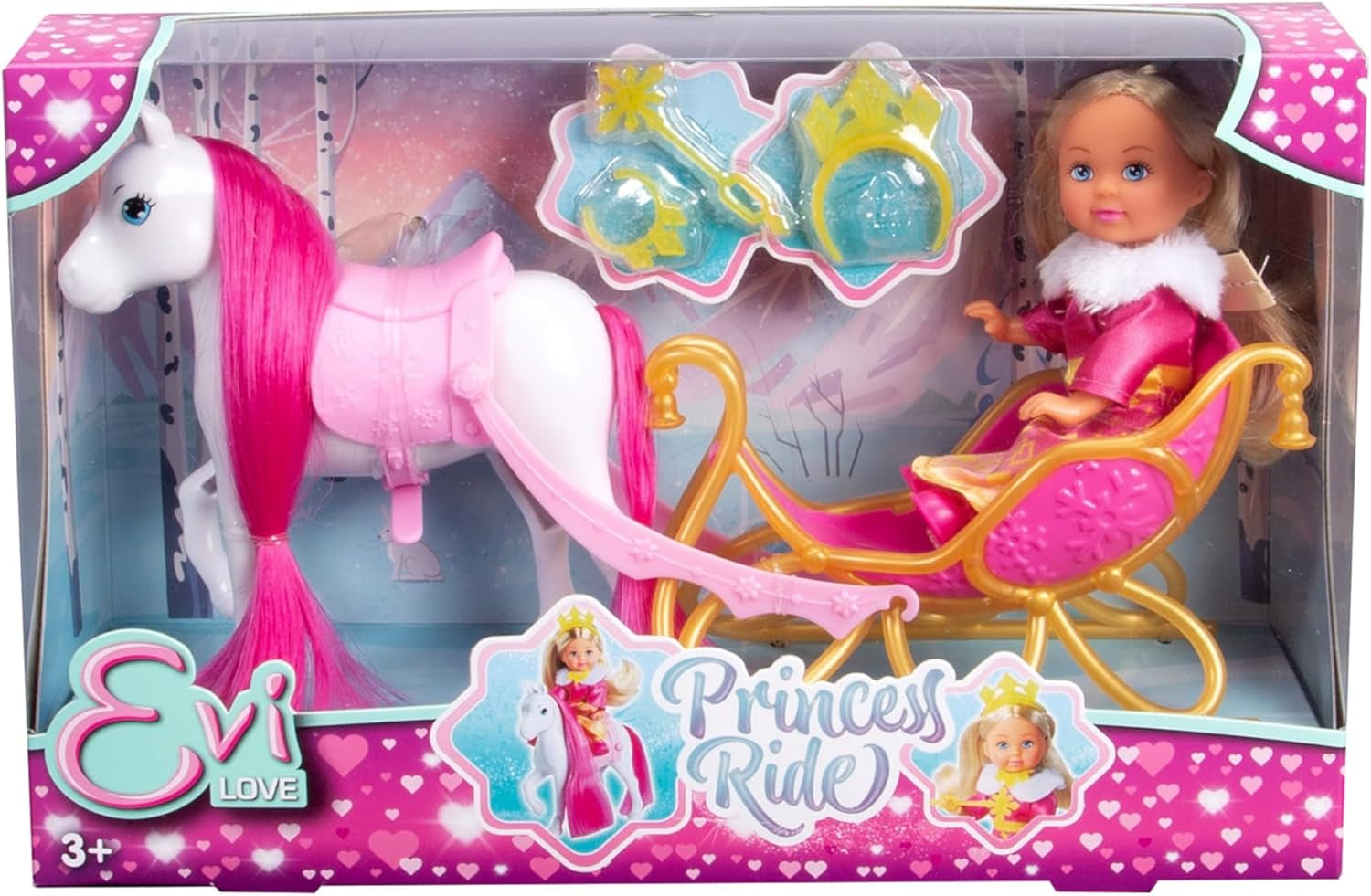 Simba Evi Love Princess Ride, Păpușă Prințesă cu Sanie și Cal de Iarnă, Accesorii Prințesă, 12 cm, Vârste 3+