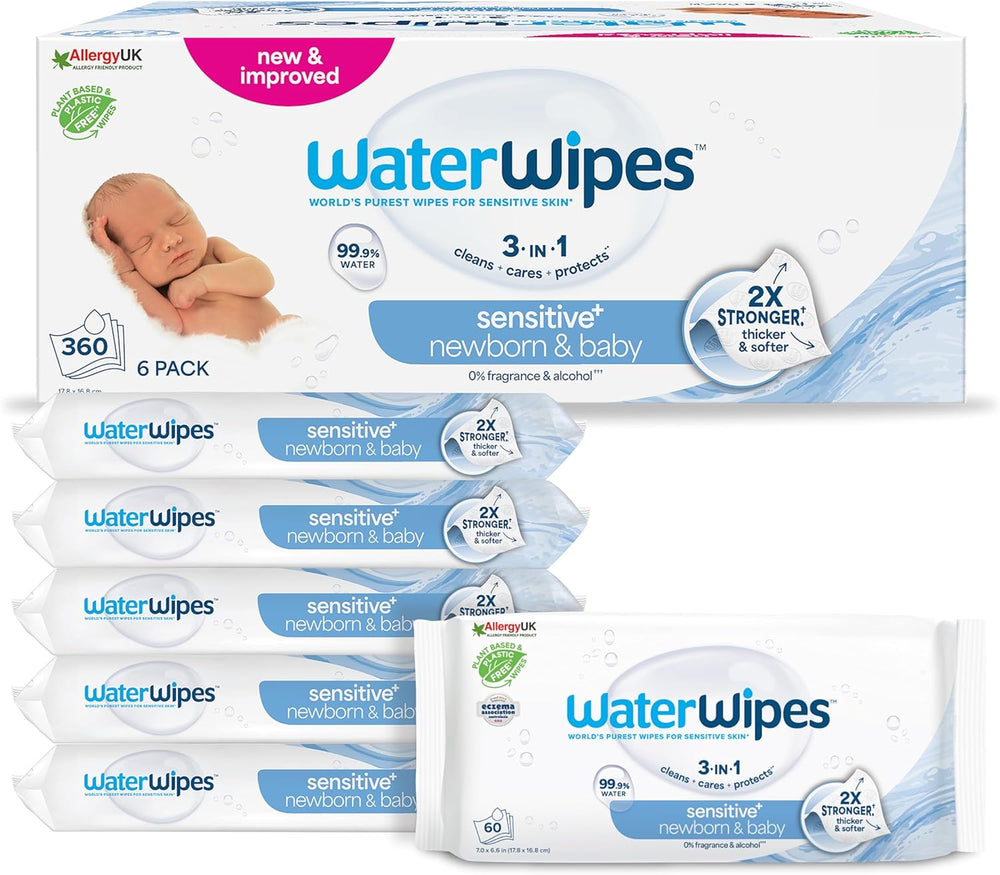WaterWipes Sensitive+ vådservietter til nyfødte og babyer 240 Count (4 Pack) 3-i-1 rengøring, pleje, beskyttelse, 99,9 % vand, parfumefri