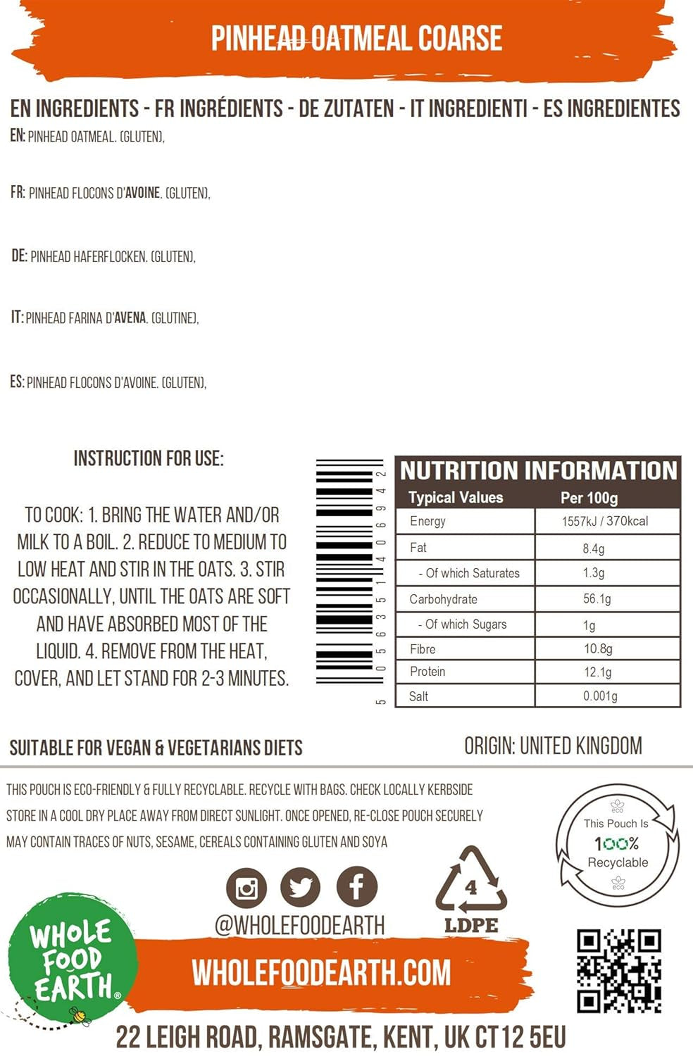 Wholefood Earth Pinhead Havregryn Groft stabiliseret 3kg | Ikke-GMO | Rig på fibre