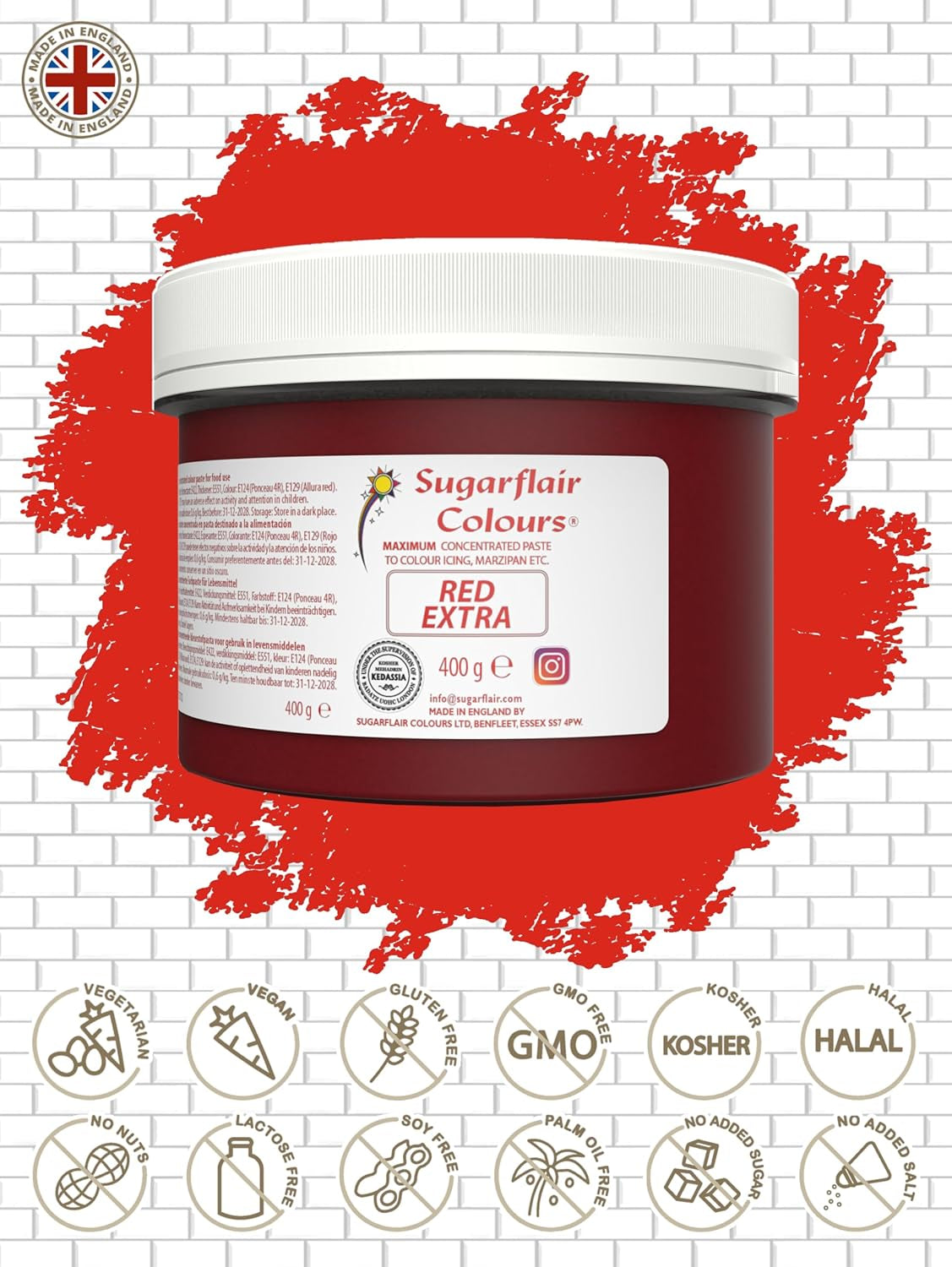 Colorant alimentar Sugarflair Max Concentrated Red, colorant alimentar foarte concentrat pentru marțipan și fondant, colorant pastă Max Concentrated - 400 g