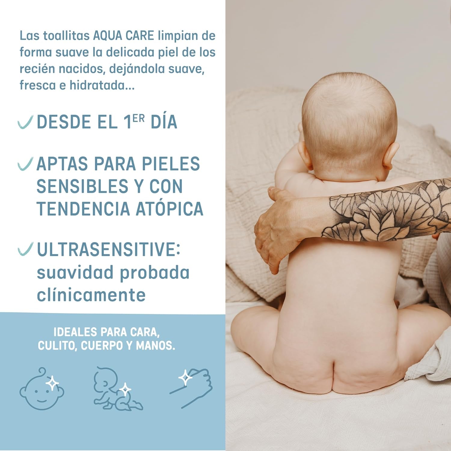 Suavinex Aqua Care Baby Vådservietter 60 Antal renseservietter 99% Vand Plantefiber Aloe Vera Duftfri Alkoholfri Dermatologisk testet Velegnet til følsom hud