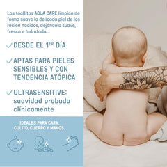 Suavinex Aqua Care Baby Vådservietter 60 Antal renseservietter 99% Vand Plantefiber Aloe Vera Duftfri Alkoholfri Dermatologisk testet Velegnet til følsom hud