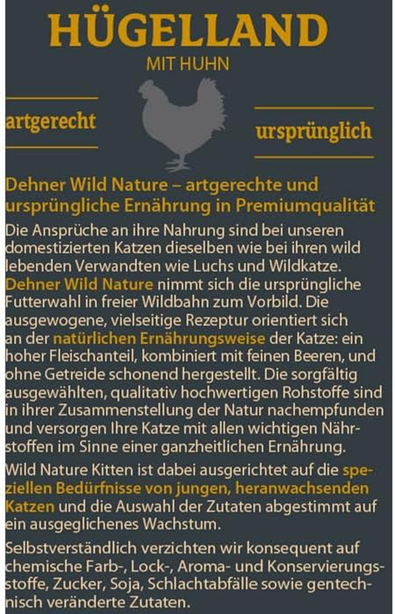 Hrană pentru pisici Dehner Wild Nature Kitten Hügelland, hrană umedă fără cereale / fără zahăr, pentru pisici tinere, pui, sac de 16 X 85 G (1,36 kg)