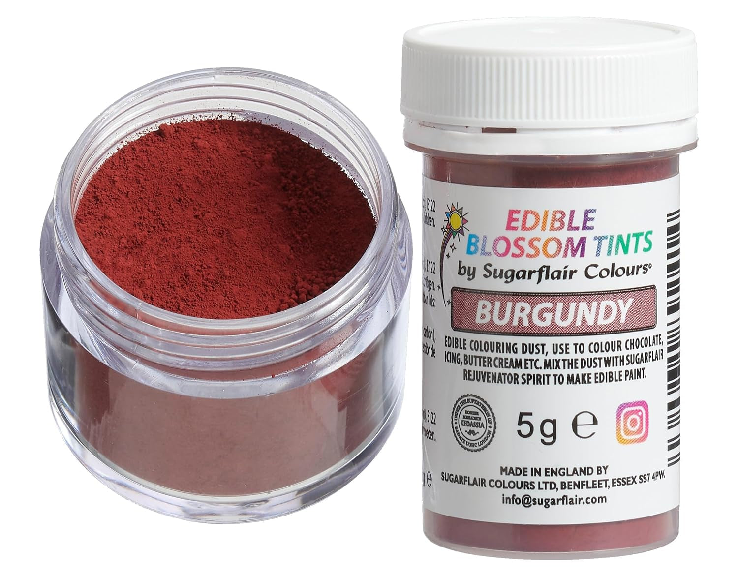 Pudră de colorant alimentar Sugarflair Blossom Tint Dust Burgundy - Pudră de colorant alimentar pentru decoruri de tort, pastă de zahăr, fondant, glazură, ciocolată, cremă de unt, macarons și multe altele - 5G