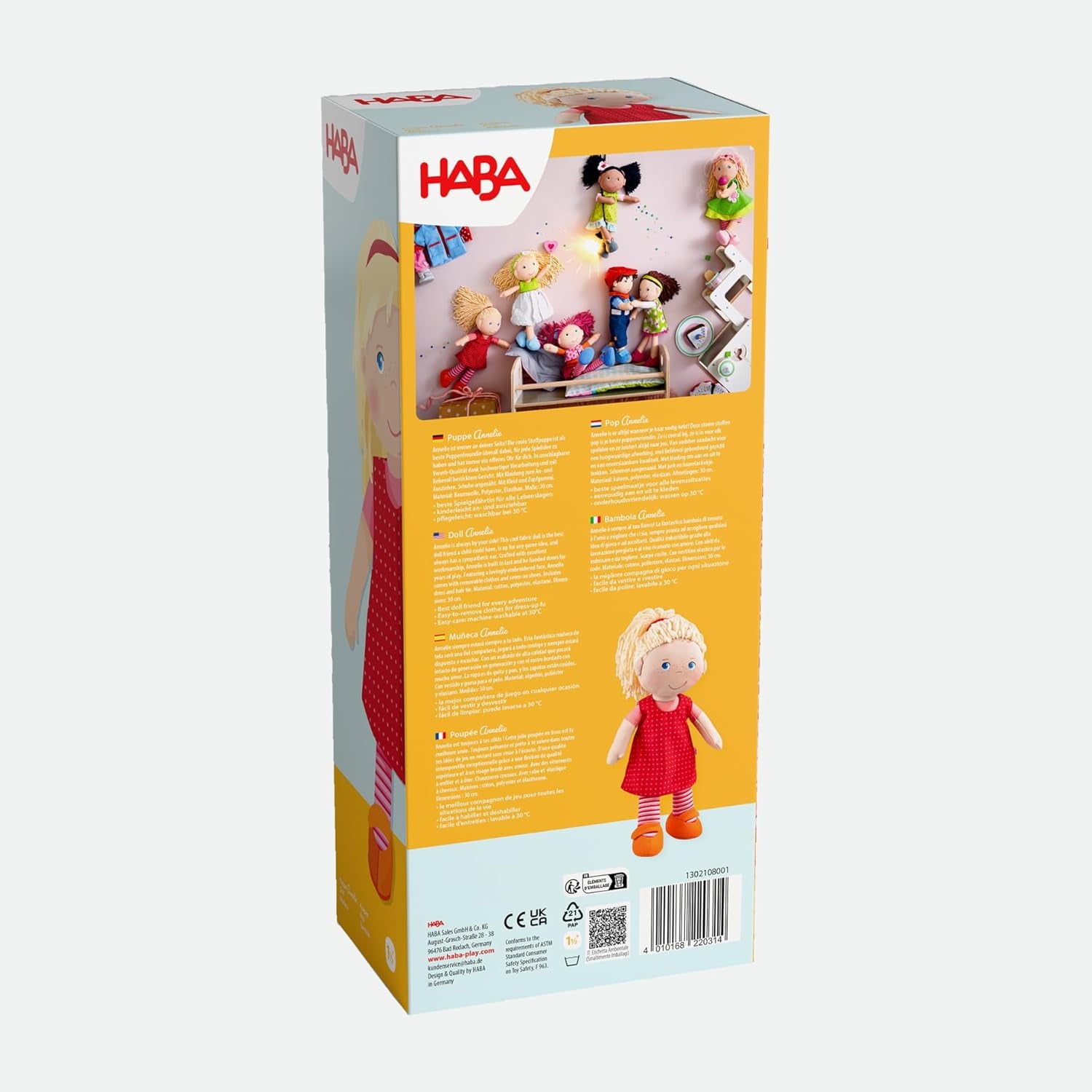 Păpușa moale HABA Annelie – Păpușă moale cu păr aranjat – Cu haine interschimbabile – De la 18 luni – 30 cm – Lavabilă – 1302108001