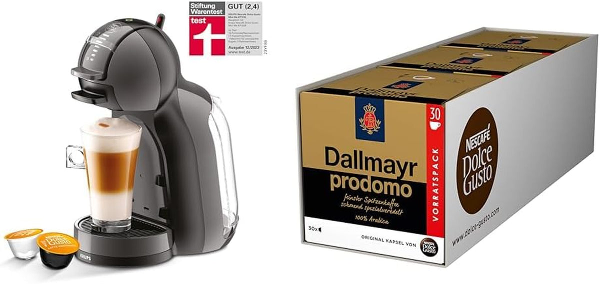 NESCAFÉ DOLCE GUSTO Krups KP1238 Mini Me Coffee Capsule Machine, 15 Bar, Compact, High Pressure Coffee Machine, Over 30 Coffee Creations, Choice of Drink Size, Black/Anthracite mit Dallmayr Prodomo