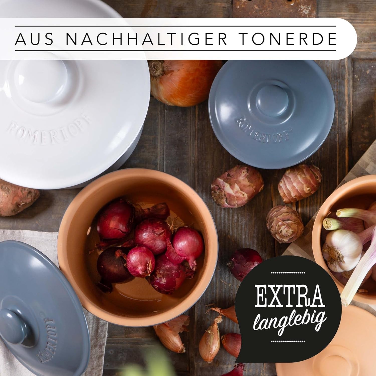 Römertopf oală de usturoi oală proaspătă din lut natural pentru o perioadă lungă de valabilitate a alimentelor, cum ar fi usturoiul Ø 12,5 cm alb Cutii depozitare alimente Naty Shop