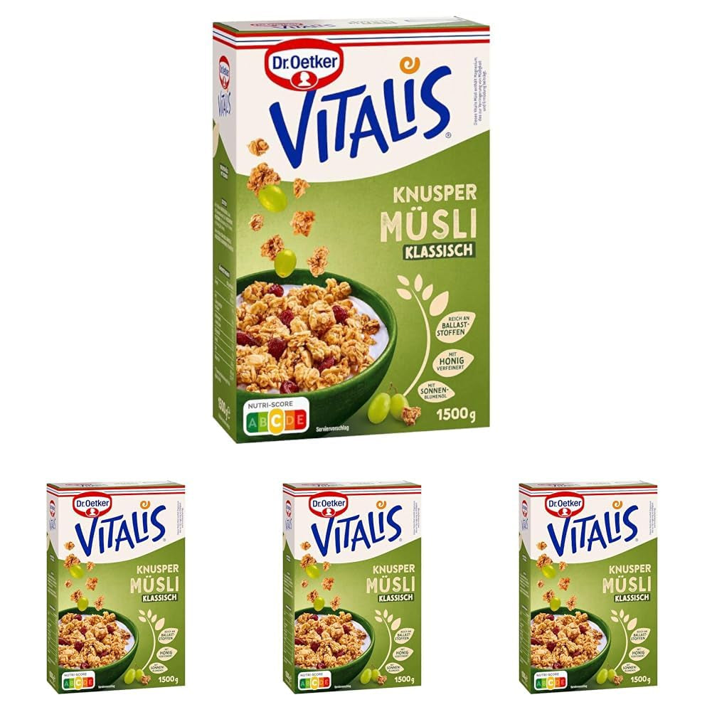 Dr. Oetker Vitalis Classic Crispy Mysli: Stor pakke sprød morgenmadsmüsli med rosiner, 1 pakke, 1,5 kg