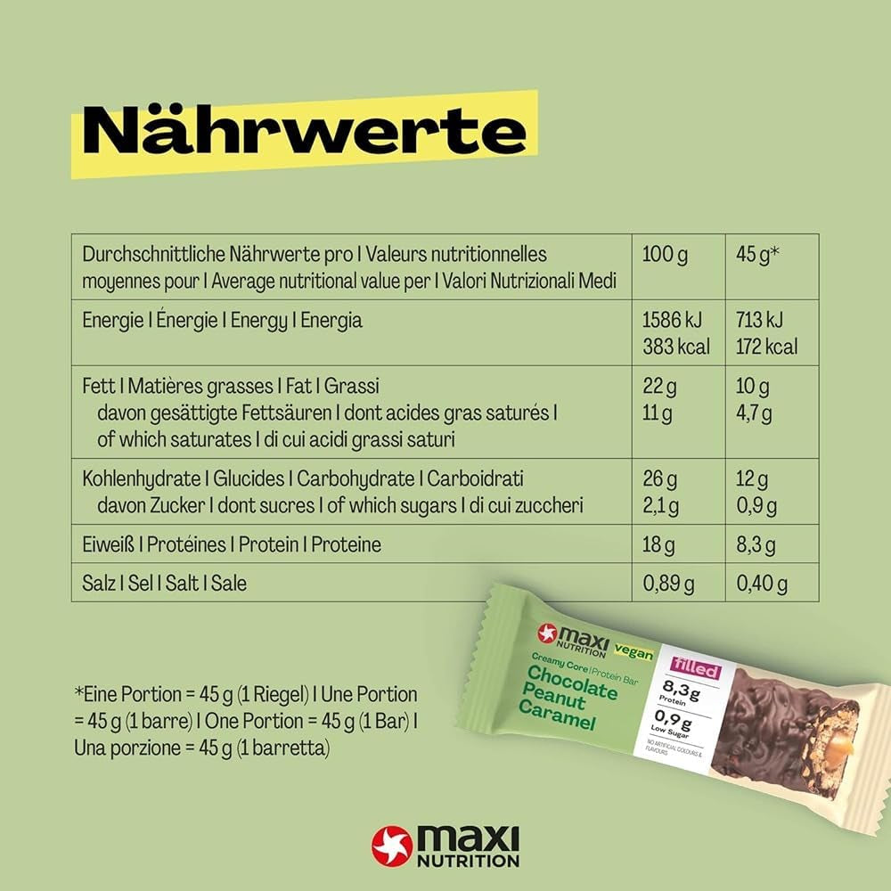 MaxiNutrition Cremet vegansk proteinbar med chokolade, peanuts og karamel 12x45g - vegansk proteinbar, 18% protein, 8,3g pr. bar, lavt sukkerindhold (0,9g), uden tilsat sukker, ingen kunstige smagsstoffer