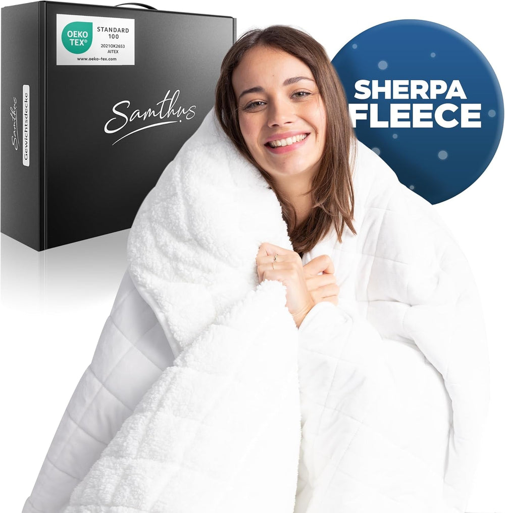 Samthus Vægtet tæppe 135X200Cm 9Kg Sherpa Fleece - Øko-Tex certificeret - Terapipæppe og afslapningstæppe - Sov bedre med vores tunge tæppe - Vægtet tæppe - sort Senge og tæpper Besuche den Samthus-Store Hvid 6,0 Kilogram