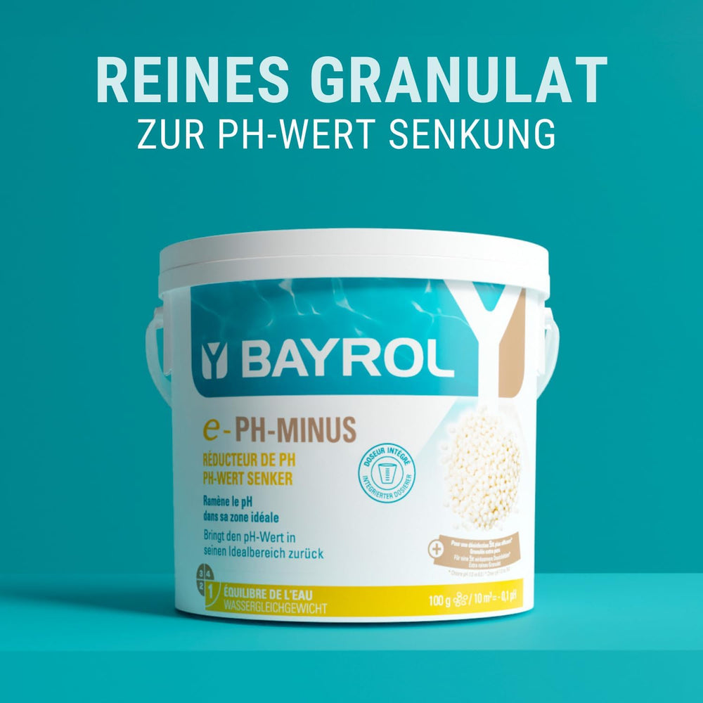 BAYROL e-pH-Minus granulat 6 kg - reducerer hurtigt og effektivt for høje pH-niveauer i pools - nem dosering direkte i vandet - inkluderer doseringsbæger - pH-reducer - pH-justering til pools
