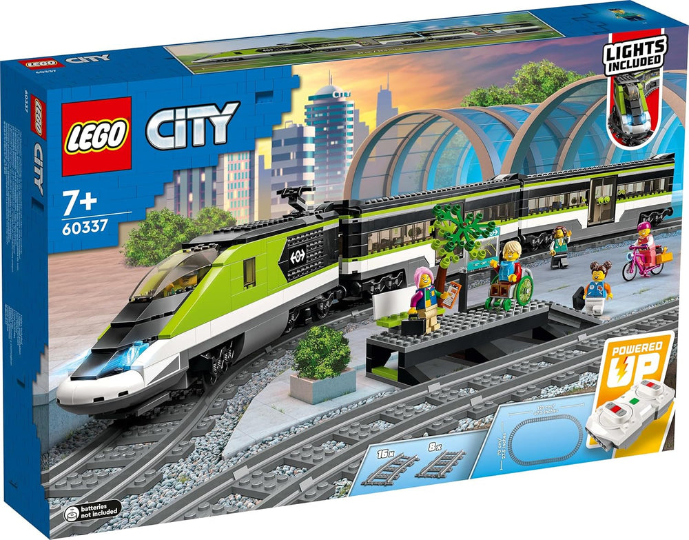 LEGO City passagerekspresstog, fjernbetjeningstogsæt, jernbanelegetøj med forlygter, 2 vogne og 24 sporelementer, gave til børn, drenge og piger 60337 byggesæt Besuche den LEGO-Store