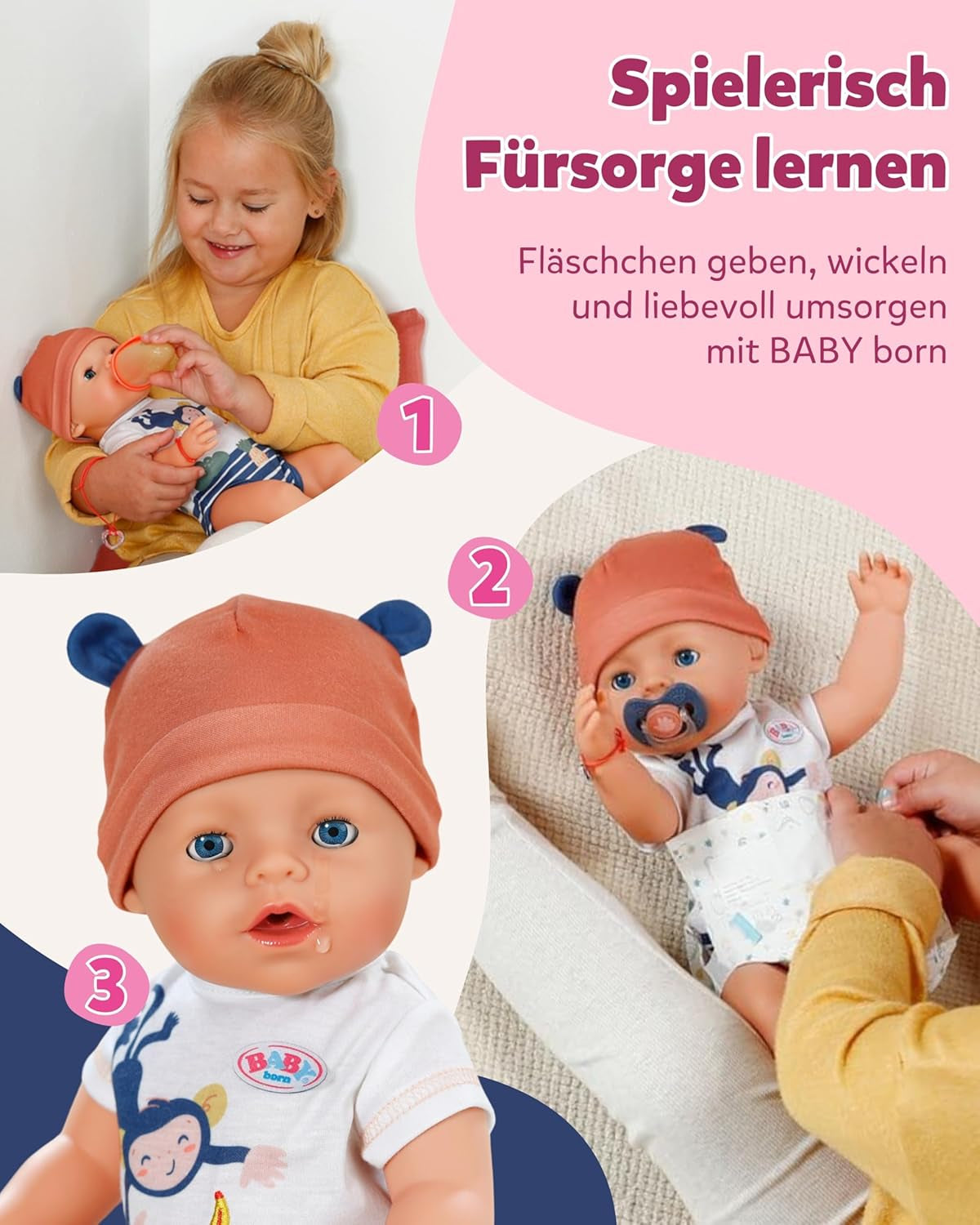 BABY Born Emma i jungle stil - Dukke 43 cm høj - 10 funktioner Inklusiv tilbehør og kjole i unisex farver - Fungerer uden batterier - Velegnet til børn fra 3 år og derover Naty Shop Dolls