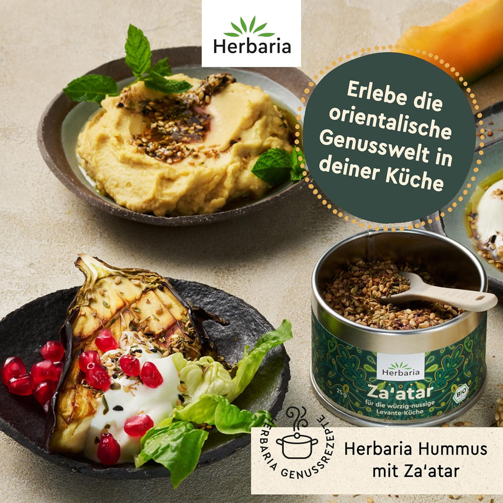 Herbaria Za'atar bio 25g S-Dose – Zaatar Gewürz, Zaatar Gewürz - orientalsk Organic-Gewürmischung für Gerichte der Levante Küche - mit erlesenen Ingrediens - i nachhaltiger Aromaschutz-Dose
