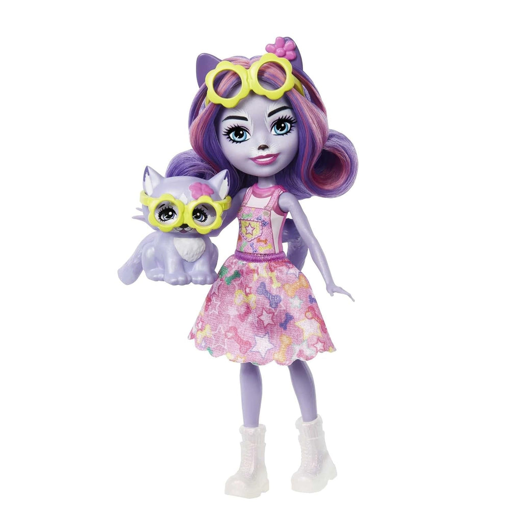 Enchantimals HHB90 - Păpușa Hadley Husky (aprox. 15 cm) și Figurină Animal Câine de Sanie, păpușă mică cu fustă detașabilă și accesorii, cadou excelent pentru copiii cu vârsta de 4 ani și peste